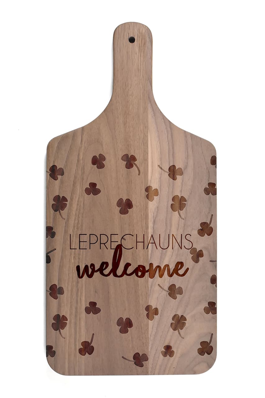 17" Leprechauns Welcome Walnut Paddle Cutting Board